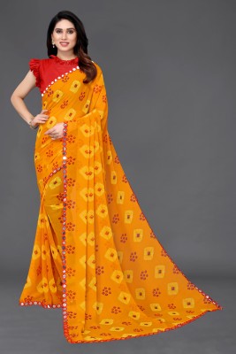 sareya veela Blocked Printed Bandhani Georgette Saree(Yellow)