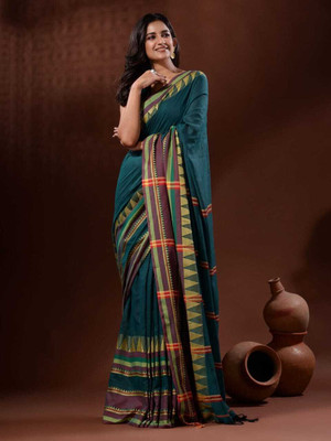 Agamani Self Design Handloom Pure Cotton Saree(Dark Green)