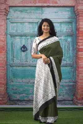JASU CREATION Printed Gadwal Pure Cotton Saree(Dark Green)