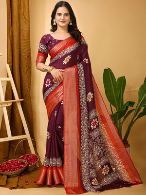 Anouk Rustic Printed Chinnalapattu Silk Blend Saree(Magenta)