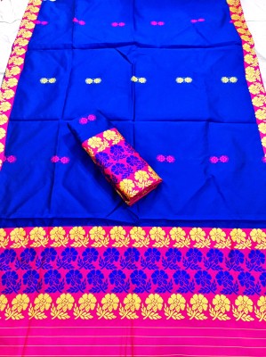 DIVINE Woven Mekhela Chador Pure Silk Saree(Dark Blue)