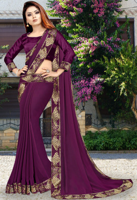 Anugrah Textile Solid/Plain Banarasi Lycra Blend, Chiffon Saree(Purple)