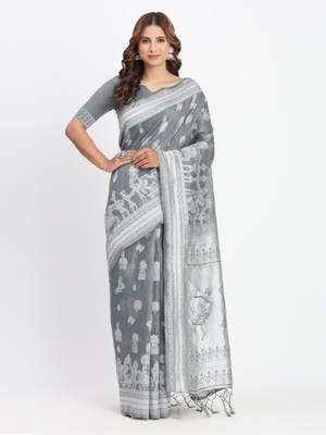 Pandadi Saree Printed Chanderi Cotton Linen Saree(Grey)