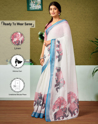 Samah Printed Bollywood Linen Saree(Multicolor, White)