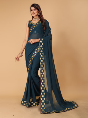 Tejal Creation Solid/Plain Bollywood Georgette Saree(Green)