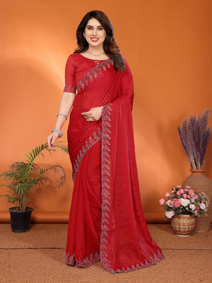 Anand Sarees Embellished, Self Design, Applique Bollywood Jimmy choo, Tissue Saree(Red)