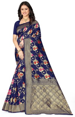 AMK FASHION Woven, Embellished, Solid/Plain, Printed, Floral Print, Digital Print, Dyed Banarasi Art Silk, Cotton Silk Saree(Dark Blue)