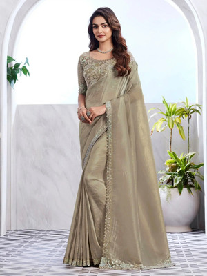 Bhojal Creation Embroidered, Solid/Plain Daily Wear Chiffon Saree(Beige)