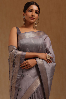 soch Woven Saree with Attached Blouse Tussar Silk Saree(Grey)