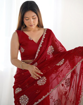 SIRIL Embroidered, Embellished Bollywood Jimmy choo, Chiffon Saree(Red)