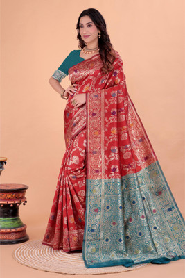 VKARAN Woven Kanjivaram Silk Blend Saree(Maroon)