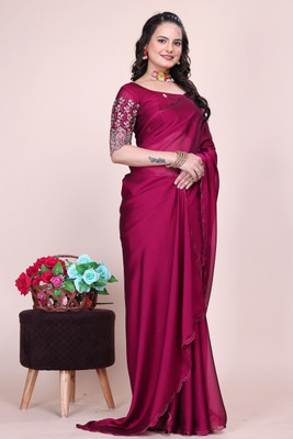 saanvi Solid/Plain, Self Design, Embroidered Bollywood Jimmy choo, Chiffon Saree(Red)