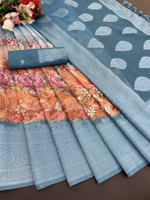 Sanskriti Synthetics Floral Print Handloom Polyester Saree(Light Blue)