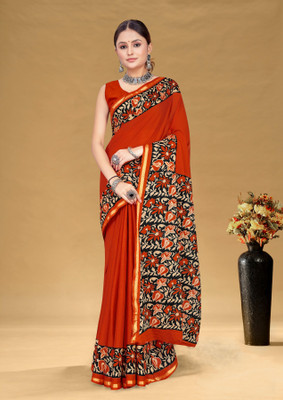 Divastri Blocked Printed, Printed Chanderi Cotton Blend Saree(Orange)