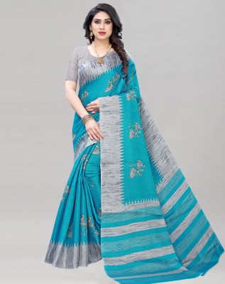 Samah Printed Bandhani Cotton Silk Saree(Light Blue, Grey)