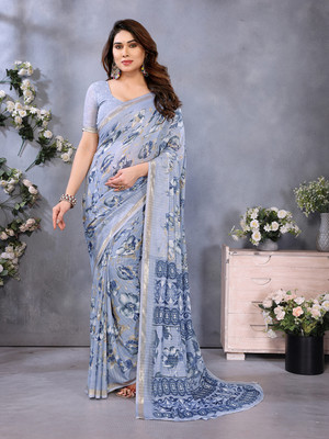 kashvi sarees Floral Print Saree with Attached Blouse Georgette Saree(Grey)