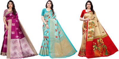 ANIRAV Printed, Woven Daily Wear Art Silk Saree(Pack of 3, Purple, Blue, Beige, Red)