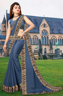 Offirra International Embroidered Banarasi Lycra Blend, Chiffon Saree(Grey, Silver)