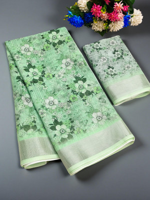 parakhiya fab Floral Print, Printed Daily Wear Cotton Linen Saree(Light Green)