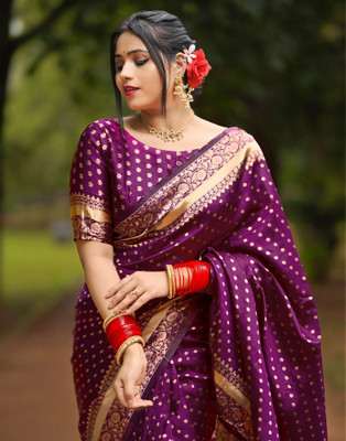 Samah Woven, Embellished Banarasi Silk Blend, Jacquard Saree(Purple, Gold)