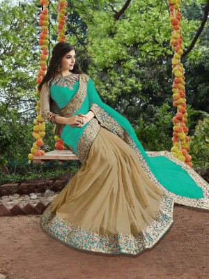 Kedar Fab Embroidered, Dyed, Self Design, Embellished Bollywood Silk Blend Saree(Light Green, Beige)