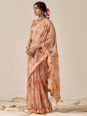 ANOUK Printed Daily Wear Cotton Blend Saree(Orange)