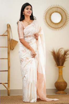 HanumanteFab Solid/Plain Banarasi Jacquard, Silk Blend Saree(White)