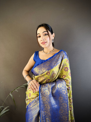 SHARDHA FASHION Woven, Self Design Banarasi Pure Silk, Tissue Saree(Black, Yellow, Multicolor)