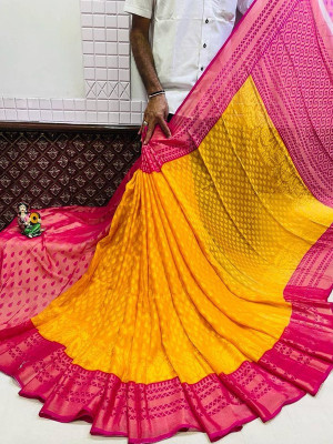 Fancy Fab Self Design Bollywood Brasso Saree(Yellow)