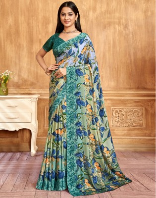 Satrani Floral Print, Printed, Self Design Bollywood Silk Blend, Crepe Saree(Green, Blue)