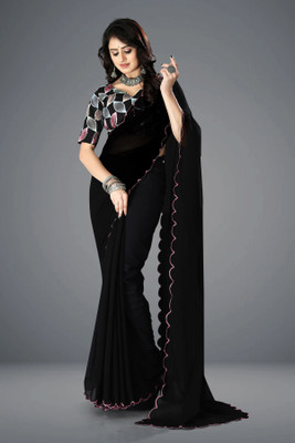 JenaFashion Embroidered Banarasi Georgette Saree(Black)