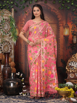 Tasrika Floral Print, Woven Banarasi Cotton Linen Saree(Pink)