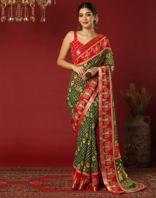 Samah Printed, Embellished Daily Wear Georgette Saree(Red, Green)