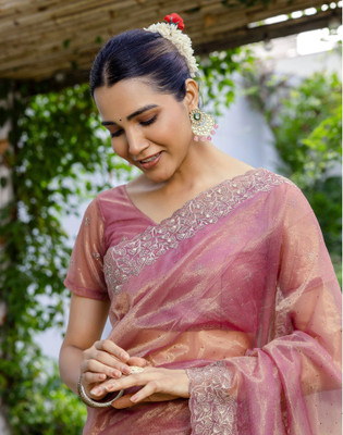 Satrani Embroidered Bollywood Net Saree(Pink)