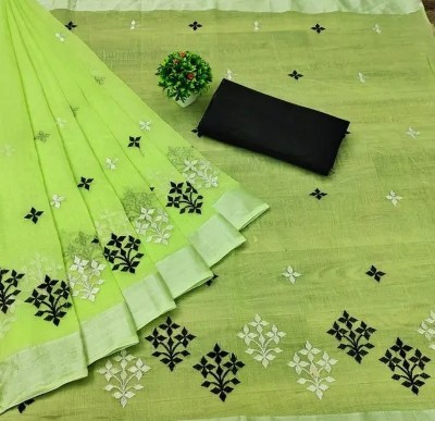 valida Embroidered Chanderi Cotton Linen Saree(Green)