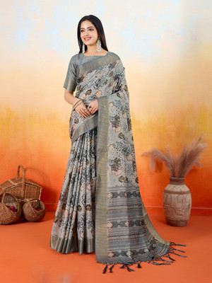 RekhaManiyar Printed Saree with Attached Blouse Silk Blend Saree(Grey)
