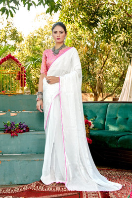 HouseOfCommon Embellished Bollywood Chiffon Saree(White)