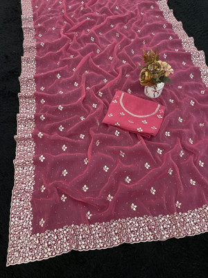 CHAMUNDA CREATION Embroidered Bollywood Organza Saree(Pink)