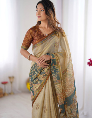 Satrani Printed Kalamkari Linen Saree(Grey, Beige)