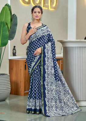 Divastri Printed Chanderi Cotton Blend Saree(Blue)