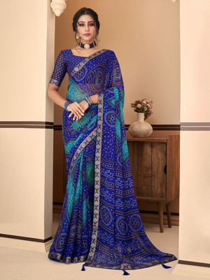 SainiVastra Printed Bandhani Chiffon Saree(Blue)