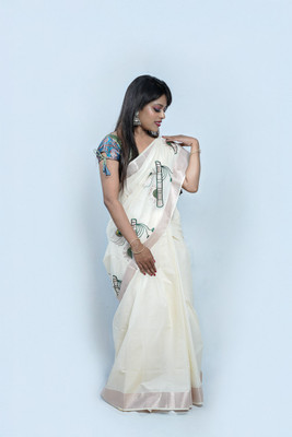 RG HANDLOOM Embroidered Handloom Handloom Cotton Blend Saree(White)