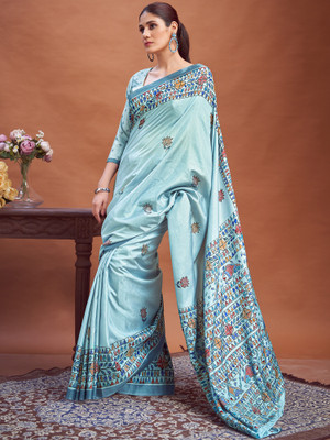 Sareemall Printed Hand Batik Silk Blend Saree(Light Blue)