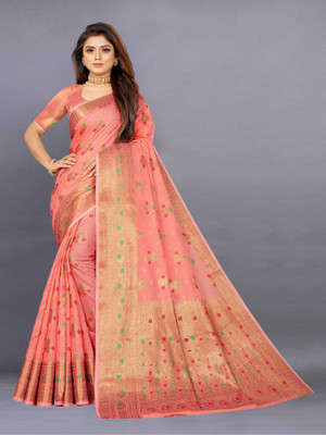 NIYAMI Printed, Self Design, Woven, Floral Print Banarasi Jacquard, Cotton Silk Saree(Orange)