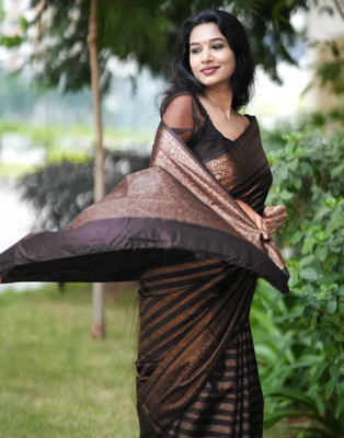 Divastri Woven, Embellished, Self Design Banarasi Art Silk Saree(Black, Brown, Gold)