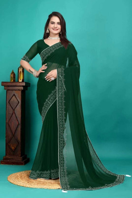 Tejal Creation Embellished, Solid/Plain Bollywood Georgette Saree(Beige)