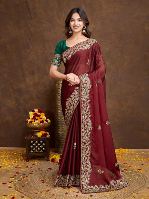 ZARISTACREATION Embroidered Bollywood Cotton Silk Saree(Maroon)