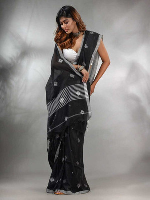 SUSHRITA BOUTIQUE Woven Handloom Pure Cotton Saree(Black)