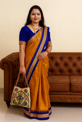 Sijileen Temple Border, Woven Sambalpuri Art Silk Saree(Mustard)