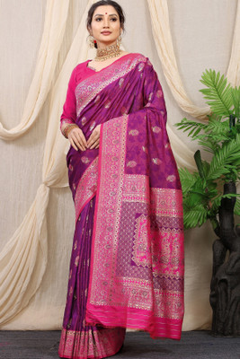 sarjan creation Printed Banarasi Jacquard, Pure Silk Saree(Multicolor, Purple, Pink)